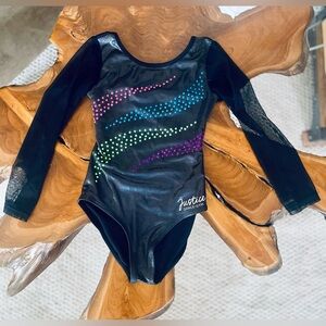 Justice Girls Black Leotard with Vibrant Accents (XS / kids 5/6)